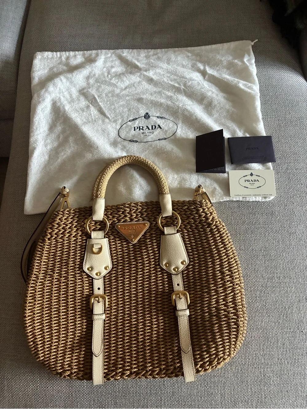 Prada Beige Braided-Trim Tote with Gold Hardware - Picture 1 of 9